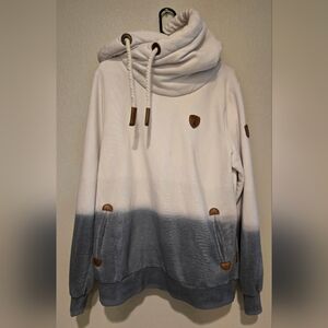 Wanakome White/blueishgrey Hoodie with Brown Leather Patch